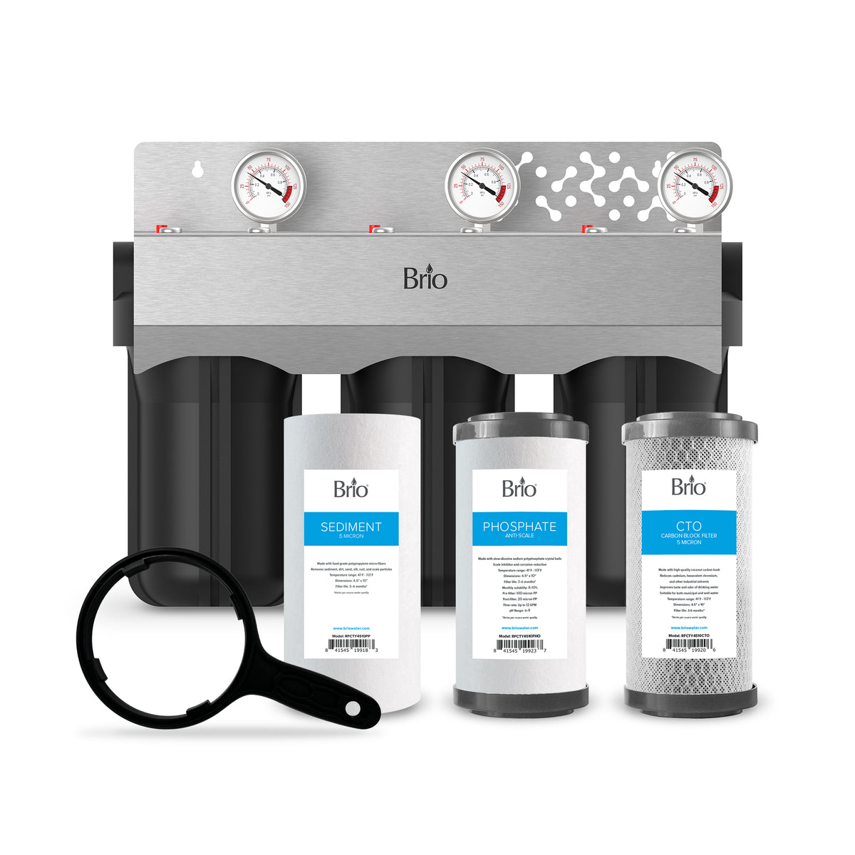 The 3-Stage Whole House Filtration System - 10" Anti-Scale features three gauges, black filter housings, labeled sediment, phosphate (anti-scale), and CTO filters, plus a black filter wrench in front.