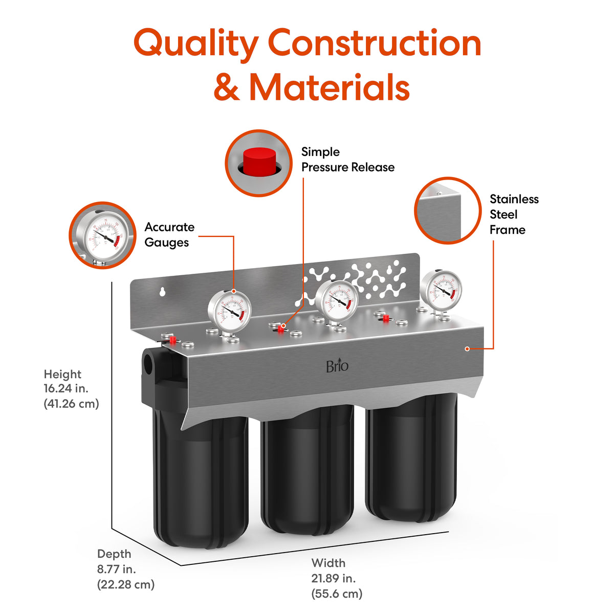 The 3-Stage Whole House Filtration System - 10" Anti-Scale features black housings, hard water anti-scale filter, three pressure gauges, a pressure release button, stainless steel frame, and measures 16.24"H x 21.89"W x 8.77"D.
