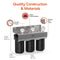 The 3-Stage Whole House Filtration System - 10" Anti-Scale features black housings, hard water anti-scale filter, three pressure gauges, a pressure release button, stainless steel frame, and measures 16.24"H x 21.89"W x 8.77"D.