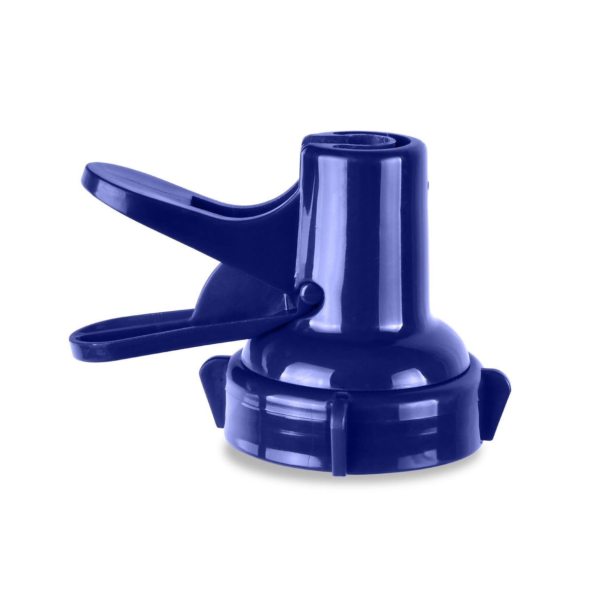 The 48MM Dark Blue Screw Top Valve Display Package features a BPA-free plastic cap with a flip-up spout for easy pouring or drinking. It fits crown top water bottles and is shown isolated on a white background.