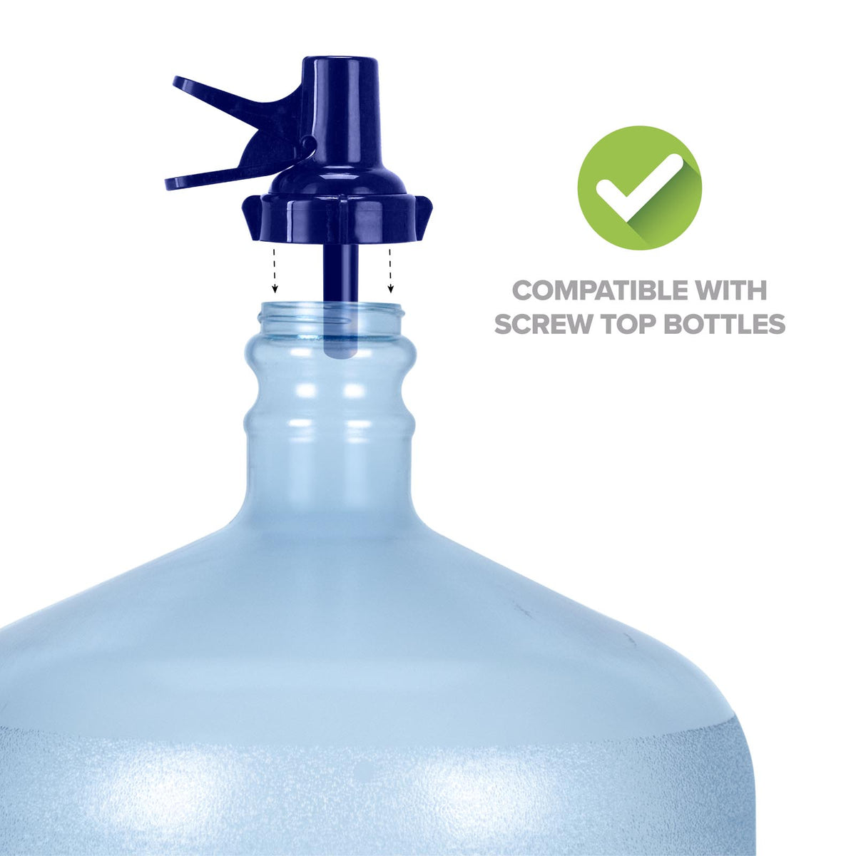 A close-up of the 48MM Dark Blue Screw Top Valve Display Package being inserted into a large plastic water jug, with text "Compatible with screw top bottles" and a green check mark icon.