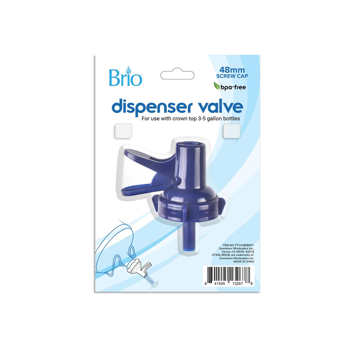 Packaging for the 48MM Dark Blue Screw Top Valve Display Package, designed for 3-5 gallon crown top water bottles with a 48mm screw cap. Features the blue valve, an attachment illustration, and highlights its BPA-free material.