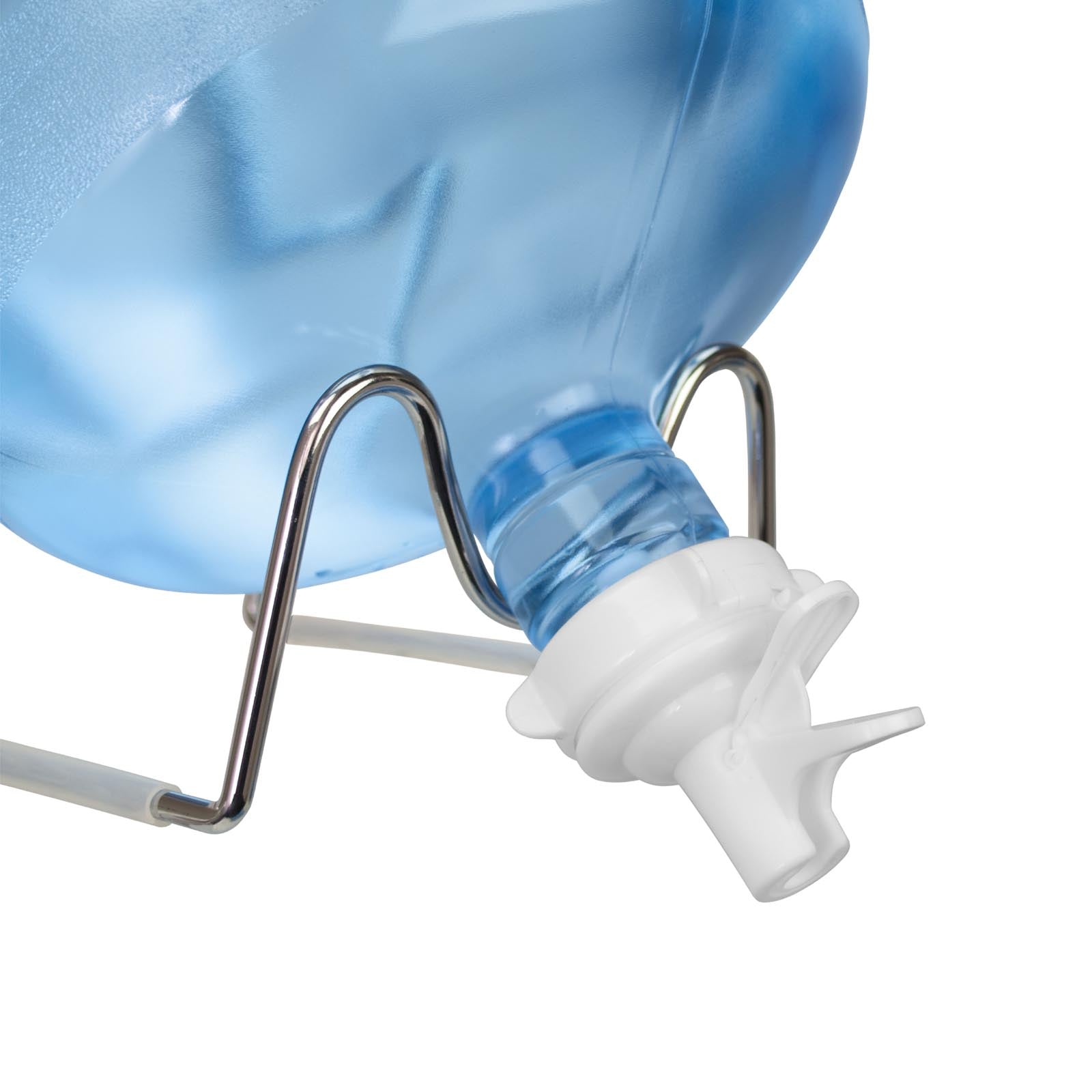 A close-up of the 48MM White Screw Top Valve Display Package, a large blue BPA-free water bottle on a metal stand, featuring a white plastic spigot for easy dispensing.