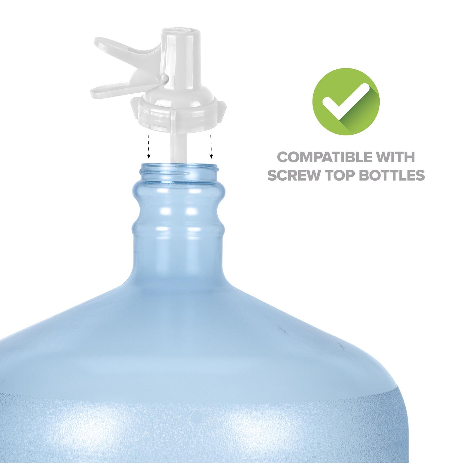 A translucent blue water jug with a 48MM White Screw Top Valve, positioned below a dispenser cap. Text reads COMPATIBLE WITH SCREW TOP & CROWN TOP WATER BOTTLES beside a green check mark. BPA free for safe hydration.