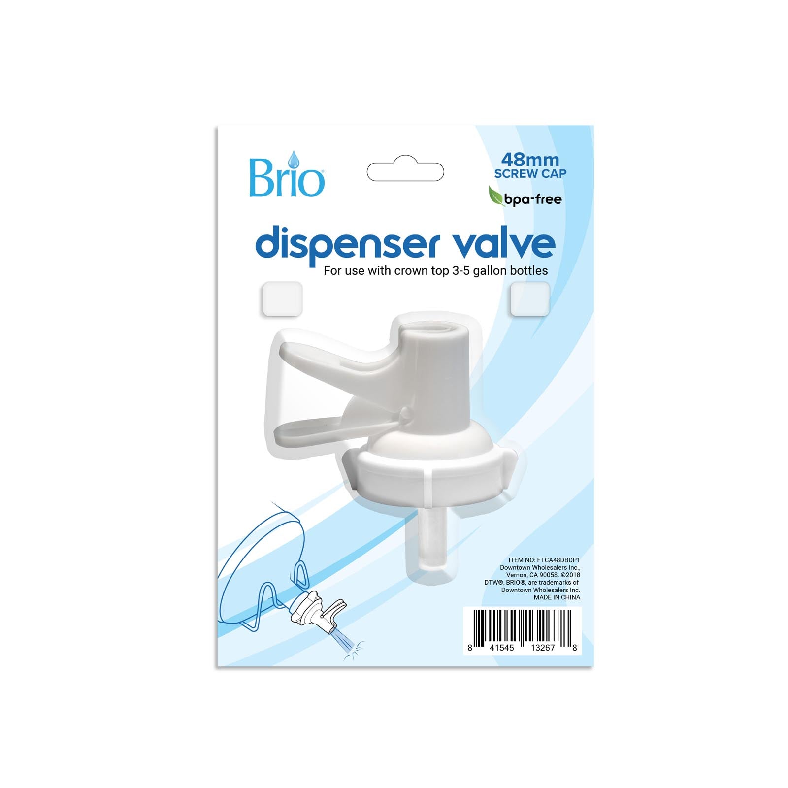 Packaging for the 48MM White Screw Top Valve Display Package for 3-5 gallon crown top water bottles. The package features an image of the valve and a simple installation diagram. BPA free replacement part.