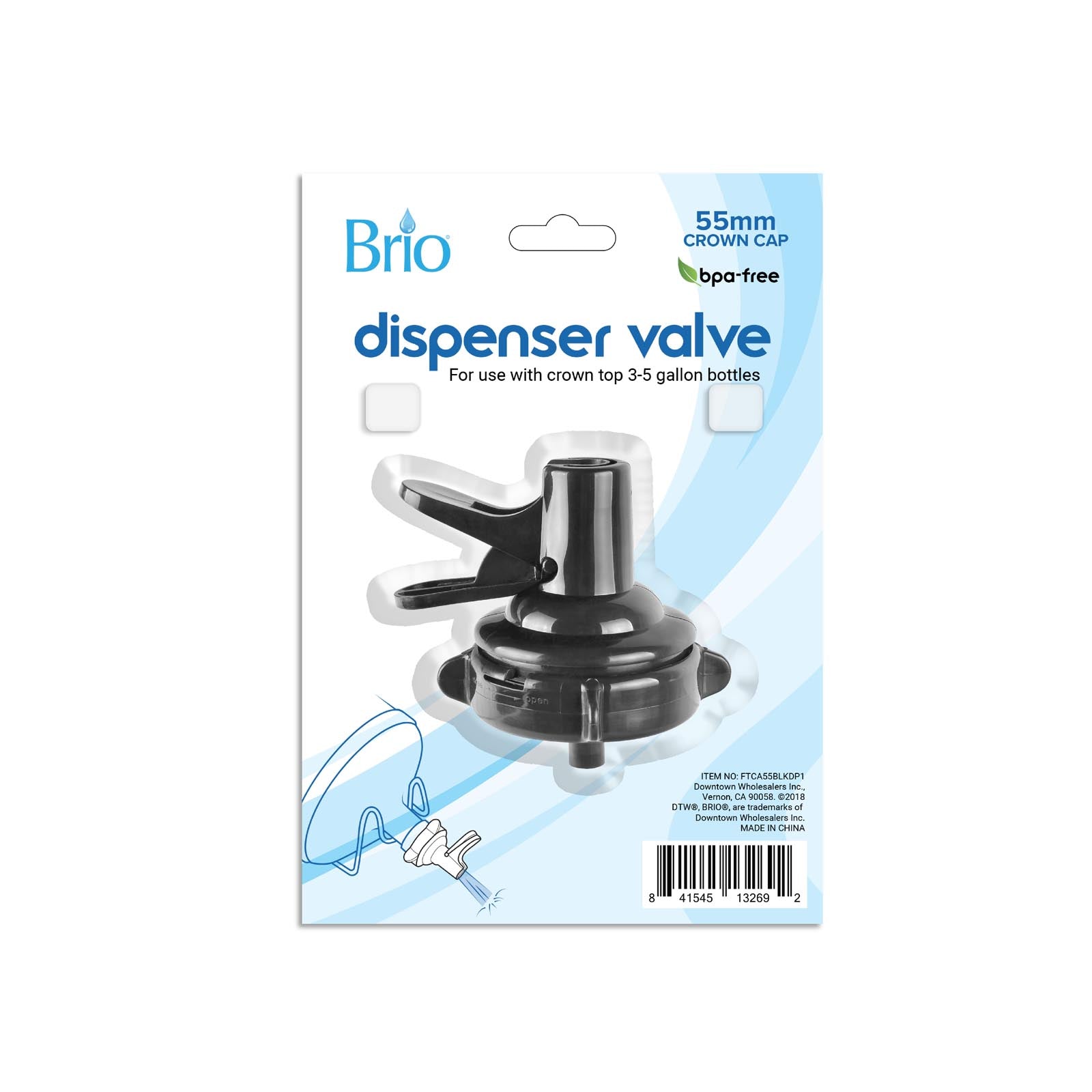 The 55MM Black Screw Top Valve Display Package features a BPA-free replacement valve for crown top water bottles (3–5 gallons). The packaging shows the black valve and an illustration of its use.