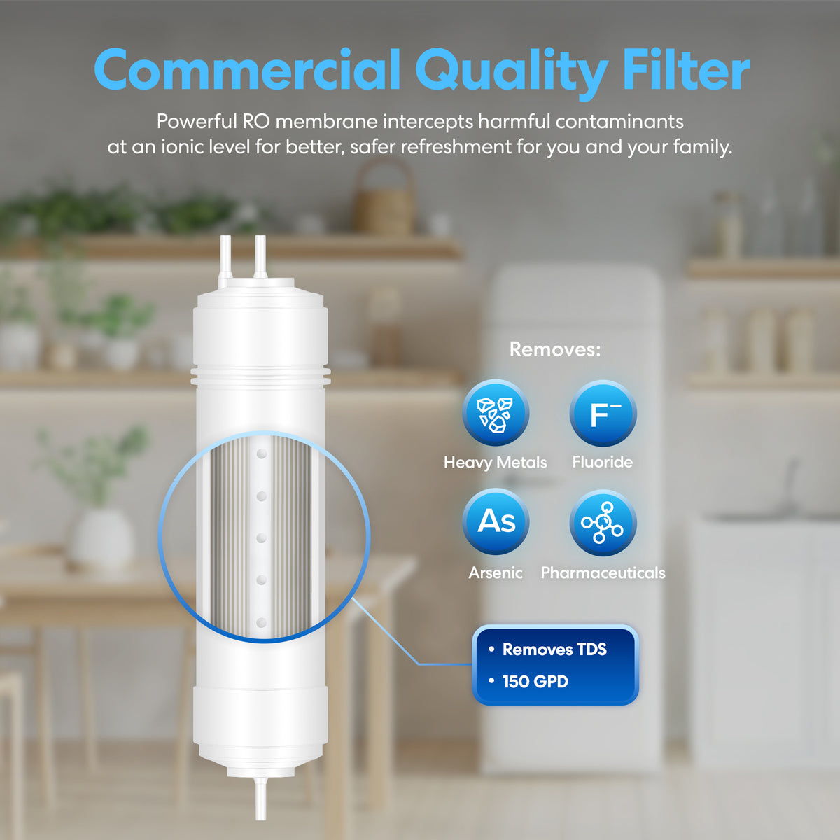 Diagram of the 11" RO Inline Filter 150GPD shows its interior and lists contaminants removed: heavy metals, fluoride, arsenic, and pharmaceuticals. This system filters up to 150 gallons per day. Set in a kitchen background.