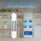 The 14" RO Inline Filter 150GPD is featured in a modern kitchen, showcasing advanced filtration that removes heavy metals, fluoride, arsenic, pharmaceuticals, reduces TDS, and has a capacity of 150 GPD.