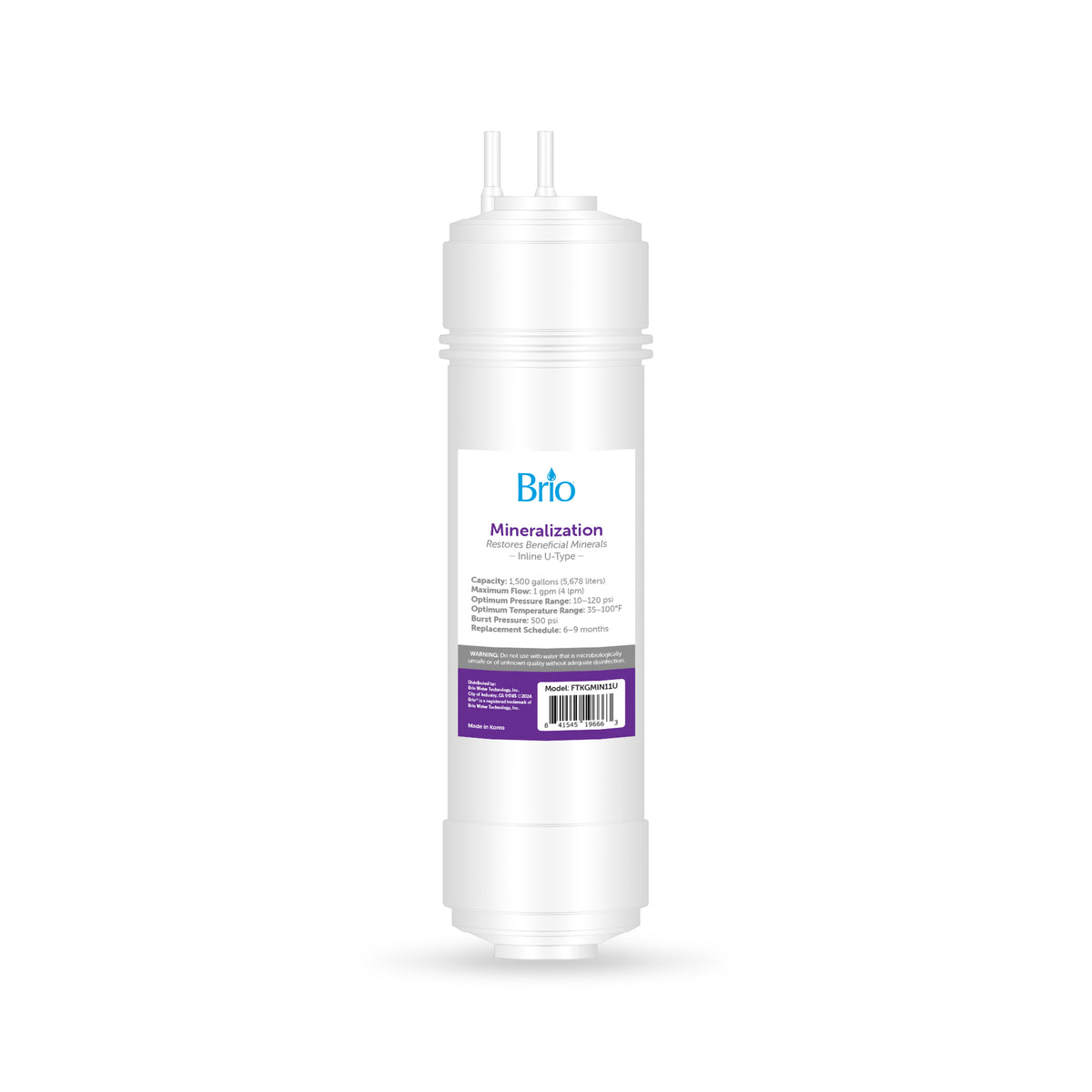 The 11" Mineralization Inline 1/4" U-Type Filter is a white cartridge for reverse osmosis systems, shown upright with label, barcode, and specs. It features dual inlet/outlet connectors on top and is set against a plain white background.
