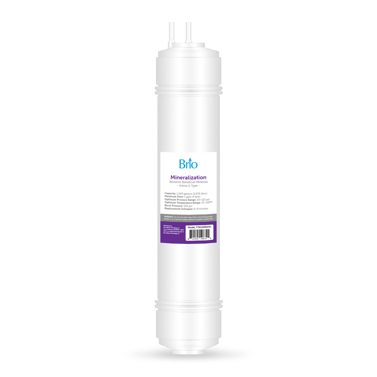 The 14" Mineralization Inline 1/4" U-Type Filter is a white, cylindrical cartridge with top input/output connectors, a central label, and bottom barcode, designed for reverse osmosis systems and shown against a plain white background.