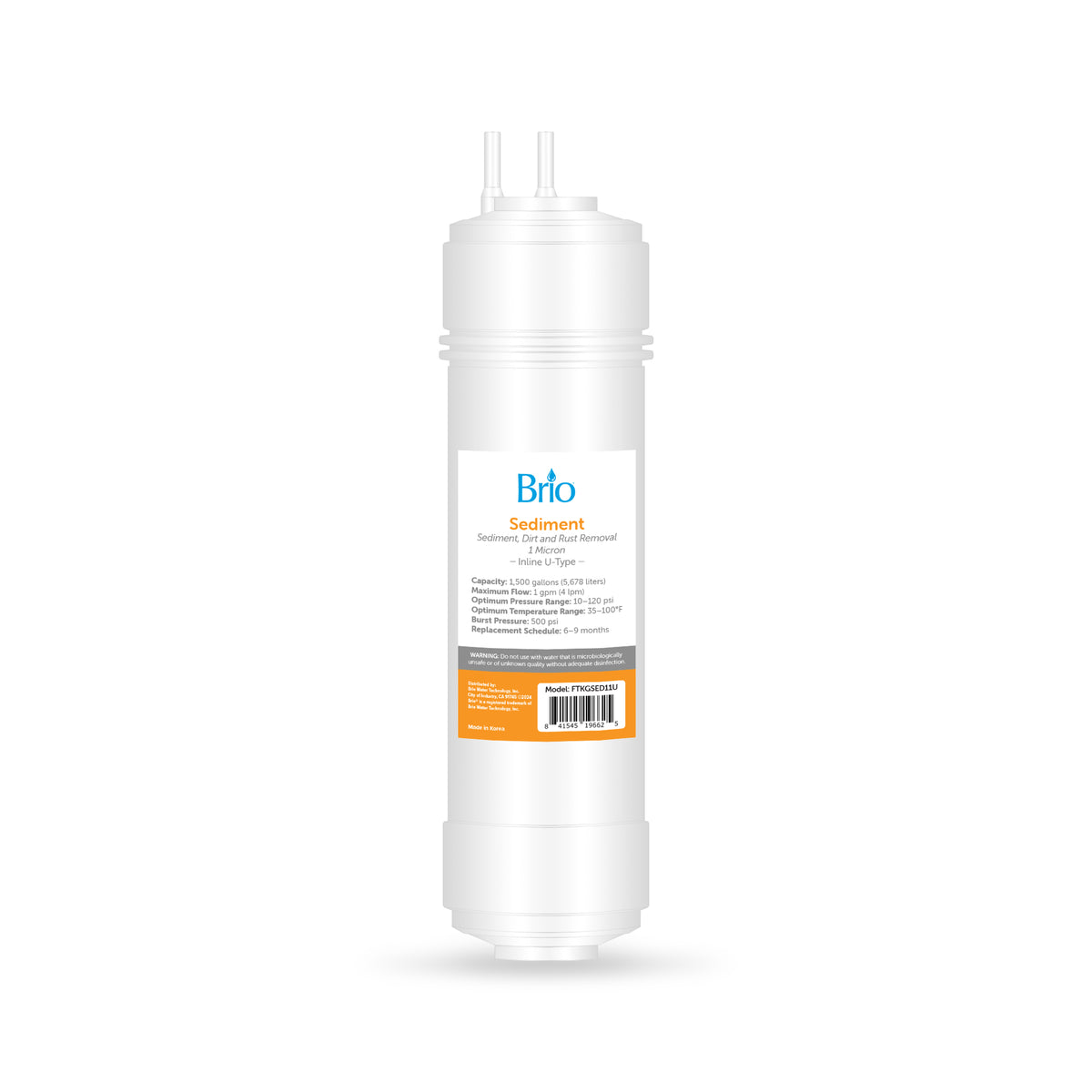 A white 11" Sediment Inline 1/4" U-Type Filter cartridge with labeled instructions and an orange label section, shown upright against a plain white background. Perfect for inline water filtration to provide clean, clear water.