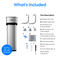 An image of all the components that comprise the Brio 11″ Premium Under Sink Filter PFAS-Reduction System including the mounting hardware, adaptors and other parts on a white background.