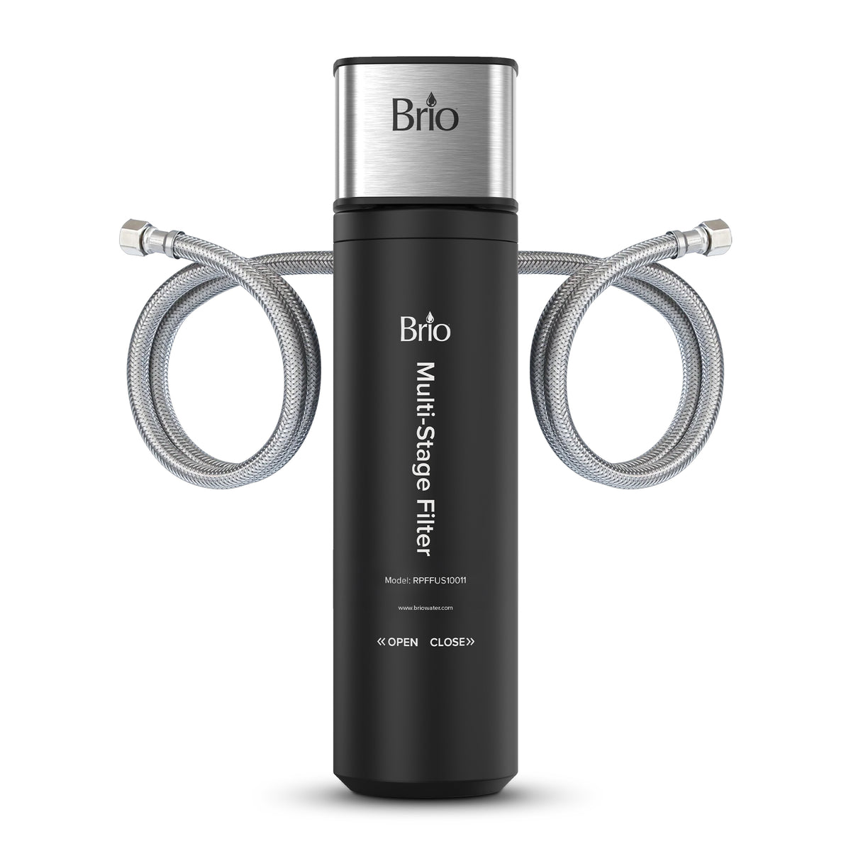 The 11" High Capacity All-in-One Under Sink Water Filter in black and silver features metal connectors, two flexible stainless steel hoses, and clear open/close labeling in a compact design.