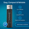 The 11" High Capacity All-in-One Under Sink Water Filter is featured on a blue background with icons highlighting its 3-stage filtration, long-lasting 10,000-gallon or 24-month lifespan, easy installation, and compact design.