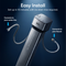 Image of the 22″ Premium Under Sink Filter PFAS-Reduction System showing the easy installation process and that it can be installed in ten minutes by connecting one end to your water line and the other end connecting to your faucet. Image is on a dark blue background.