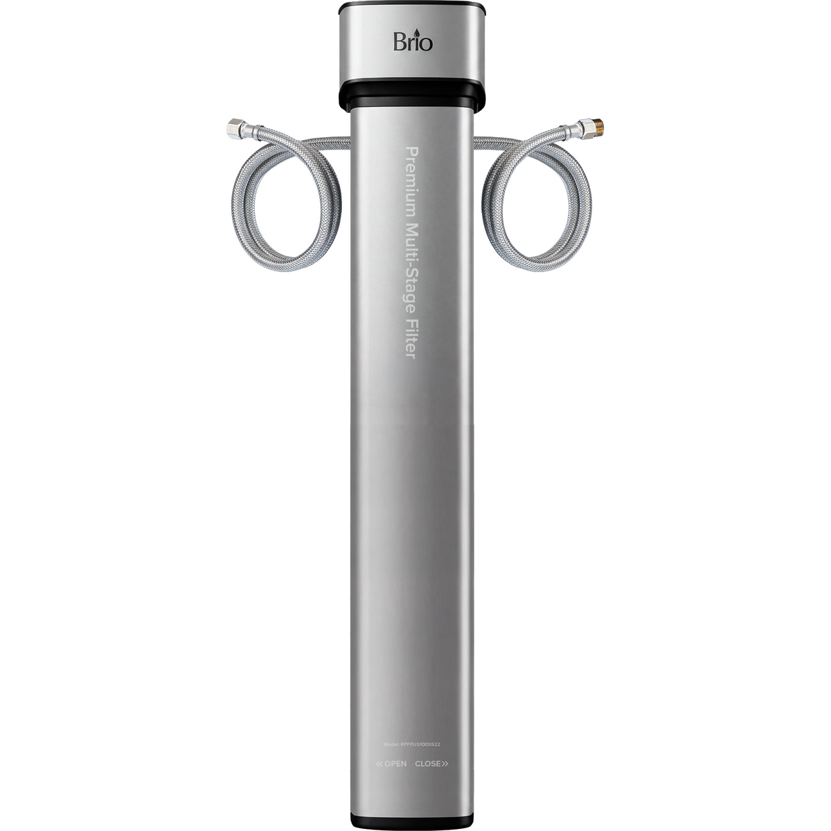 A tall, slim, rectangular silver device with connection lines and a black top and base, labeled Brio at the top. The 22″ Premium Under Sink Filter PFAS-Reduction System showcases a minimalist design and is ideal for efficient PFAS reduction.