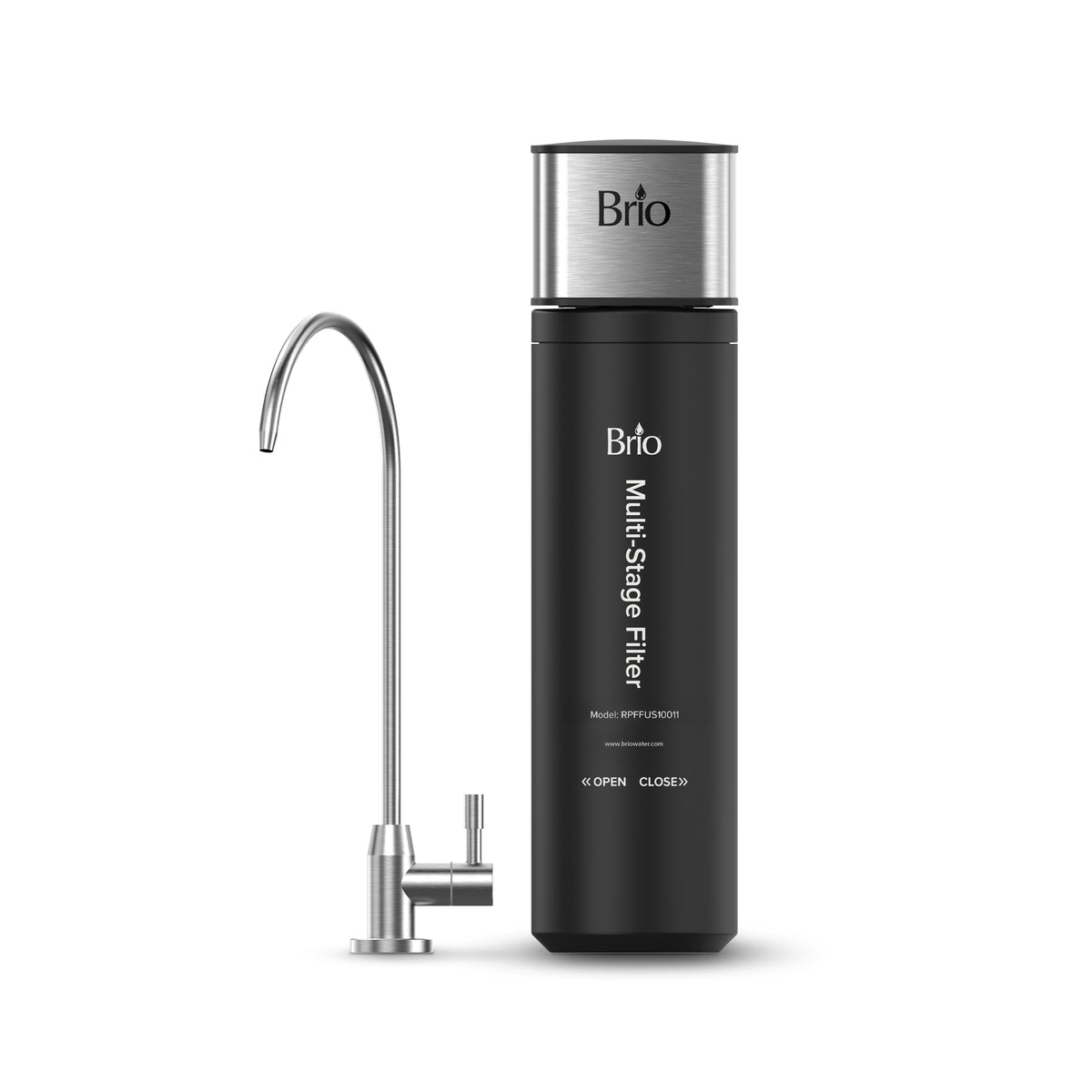 A sleek 11" High Capacity All-in-One Under Sink Water Filter & Faucet in black with a stainless steel top is shown next to a modern silver faucet. This 3-stage water filter features clearly labeled open and close instructions at the base, blending style and functionality for your under sink water filtration system.