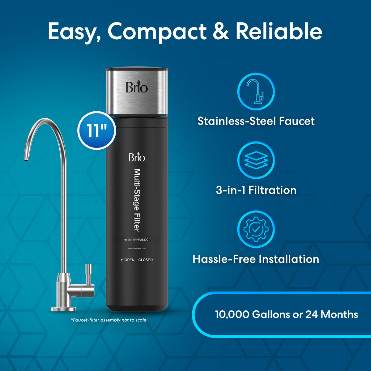 11" High Capacity All-in-One Under Sink Water Filter & Faucet with stainless-steel faucet. Features a space-saving 11-inch size, advanced 3-in-1 filtration, easy hassle-free installation, and delivers up to 10,000 gallons or 24 months of purified water. Set against a blue geometric background—ideal for providing pure water directly from your tap as an under sink filtration system.