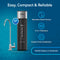 11" High Capacity All-in-One Under Sink Water Filter & Faucet with stainless-steel faucet. Features a space-saving 11-inch size, advanced 3-in-1 filtration, easy hassle-free installation, and delivers up to 10,000 gallons or 24 months of purified water. Set against a blue geometric background—ideal for providing pure water directly from your tap as an under sink filtration system.