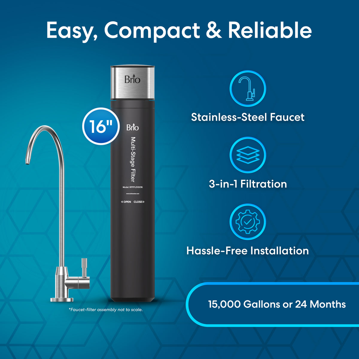 16" High Capacity All-in-One Under Sink Water Filter & Faucet with stainless-steel faucet, featuring advanced 3-stage 3-in-1 filtration, easy under sink installation, and a long-lasting filter life of up to 15,000 gallons or 24 months—all highlighted on a blue geometric background.