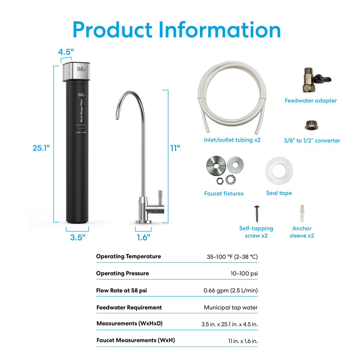 Diagram of the 22" High Capacity All-in-One Under Sink Water Filter & Faucet system, featuring a tall black filter, faucet, tubing, adapters, and installation hardware. Product dimensions, specifications, and included parts are listed. This compact system offers advanced 3-stage filtration for superior water quality directly from your tap.