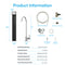 Diagram of the 22" High Capacity All-in-One Under Sink Water Filter & Faucet system, featuring a tall black filter, faucet, tubing, adapters, and installation hardware. Product dimensions, specifications, and included parts are listed. This compact system offers advanced 3-stage filtration for superior water quality directly from your tap.
