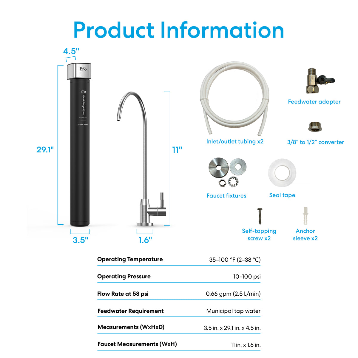 Product sheet for the 26" High Capacity All-in-One Under Sink Water Filter & Faucet features images of the 3-stage unit, faucet, adapters, tubing, accessories, dimensions, operating specs, and a full list of included parts.
