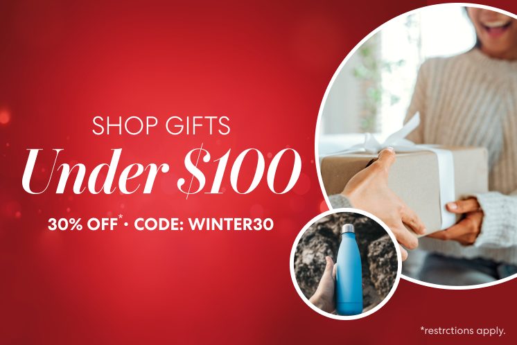 Brio holiday “Shop Gifts Under $100” promo banner on a red bokeh background, featuring a large circular photo of someone receiving a wrapped gift and a smaller circle showing a blue reusable water bottle. Text includes “30% OFF” and “Code: WINTER30,” with “restrictions apply” in the corner.