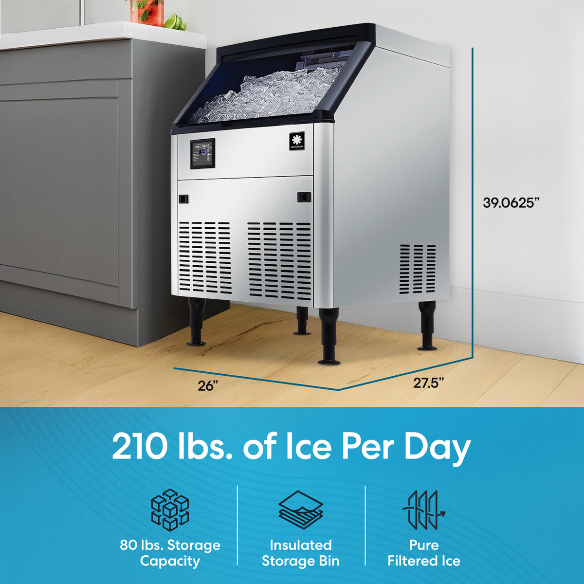 The Monarch 210 lb Capacity Ice Machine with 80 lb Storage Bin fits under counters (26 x 27.5 x 39.06 in), makes up to 210 lbs of pure, filtered ice daily, and features an insulated storage bin for up to 80 lbs of ice.