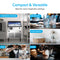 A collage shows the Monarch 210 lb Capacity Ice Machine with 80 lb Storage Bin in restaurants, hotels, bars, commercial kitchens, and cafés—serving ice in drinks or dispensers. Text: “Compact & Versatile. Ideal for many hospitality settings.”.