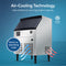 The Monarch 210 lb Capacity Ice Machine with 80 lb Storage Bin features Air-Cooling Technology, using ambient air for durability and lower operating costs. ETL certified under counter model; airflow is indicated by arrows.