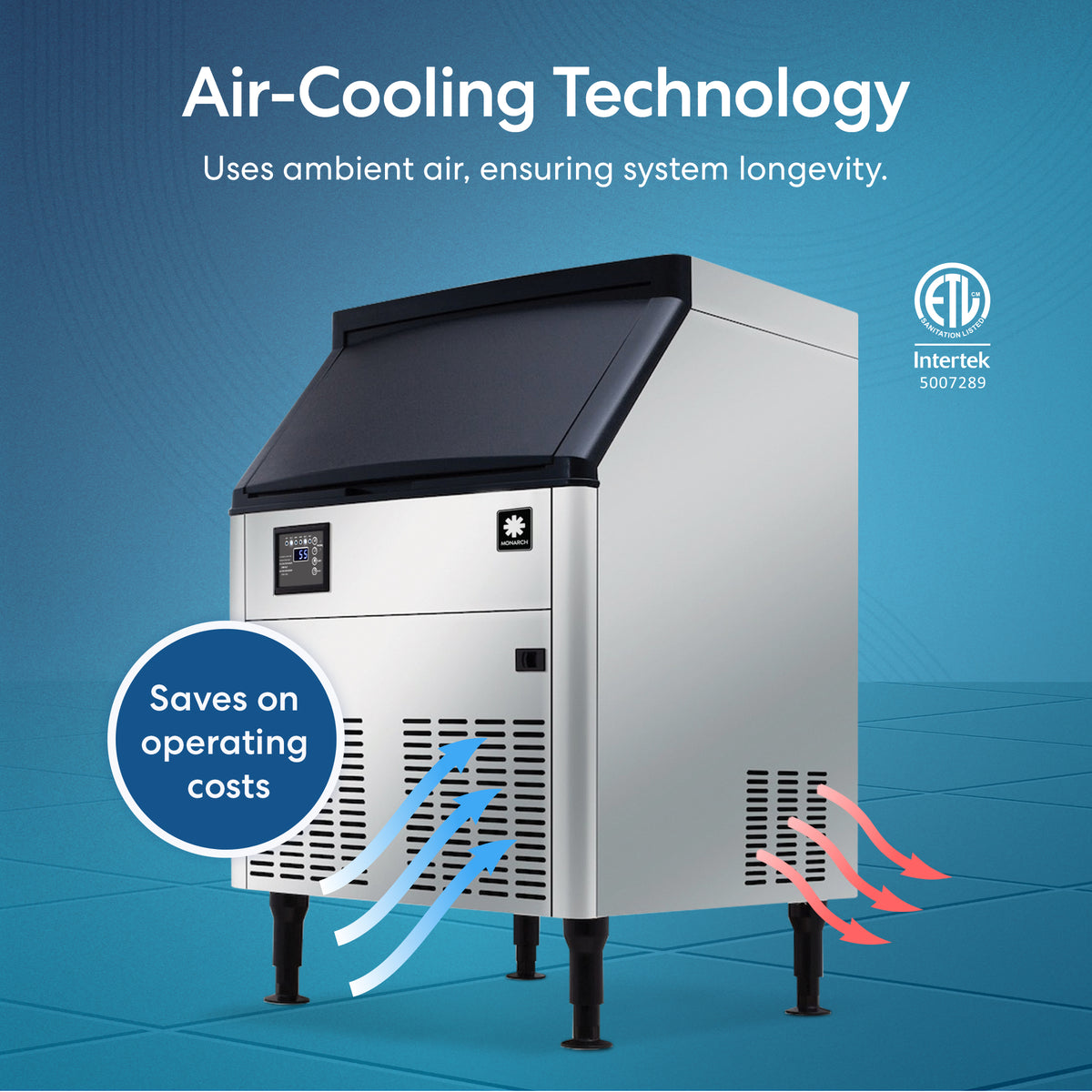 The Monarch 280 lb. Capacity Ice Machine with 80 lb. Storage Bin uses blue and red arrows to show its efficient air-cooling technology, which saves on costs and ensures longevity—ideal for undercounter installations.