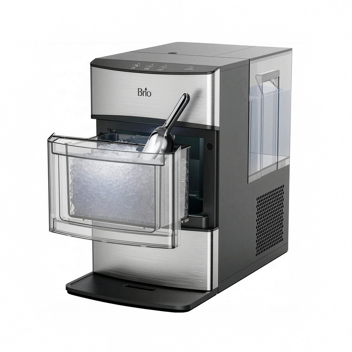 A silver Countertop Nugget Ice Maker - 740i sits on the countertop, featuring an open drawer filled with ice and a scoop resting inside. The machine boasts a modern design, a clear water reservoir on the side, and efficiently produces plenty of ice for your needs.