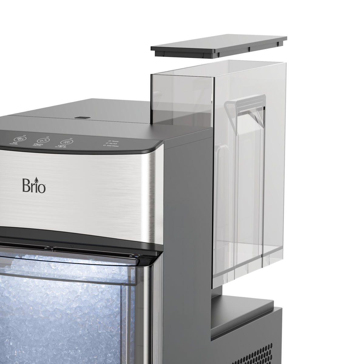 A close-up of a stainless steel Countertop Nugget Ice Maker - 740i with an open, clear plastic water reservoir on top, showcasing the spacious ice compartment and blue LED light inside.