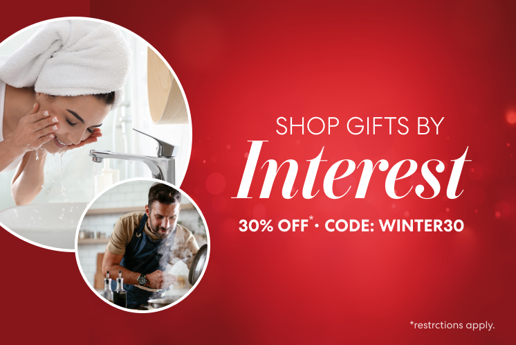 Brio “Shop Gifts by Interest” holiday promo graphic on a red background, offering 30% off with code WINTER30. Circular images show a woman washing her face at a bathroom sink and a man cooking in a kitchen; small text notes restrictions apply.