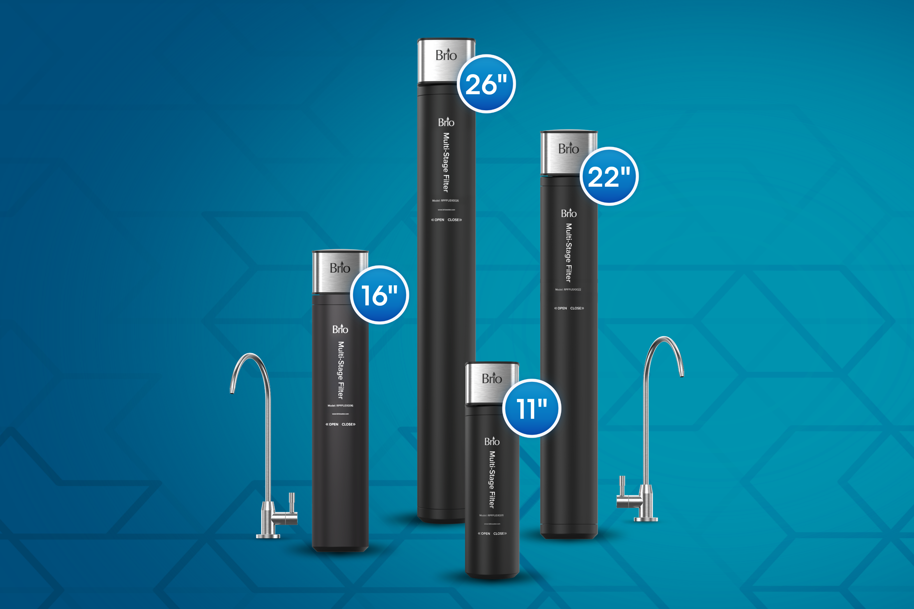 Four Brio Multi-Stage water filters displayed in sizes 11-inch, 16-inch, 22-inch, and 26-inch, each shown with a stainless steel faucet, on a blue background with geometric design.