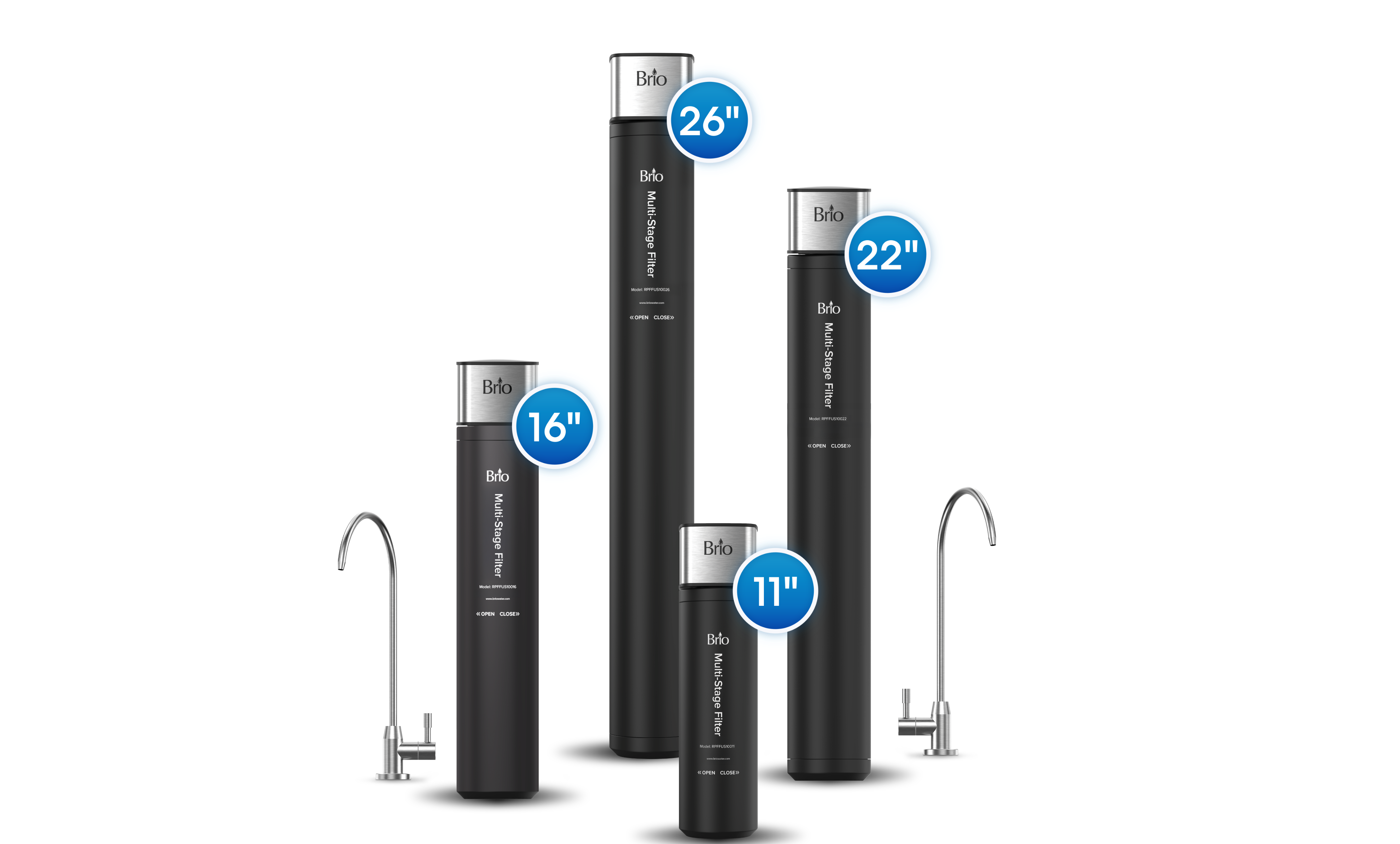 Brio Multi-Stage water filters shown in four sizes: 11-inch, 16-inch, 22-inch, and 26-inch, each paired with a stainless steel faucet.