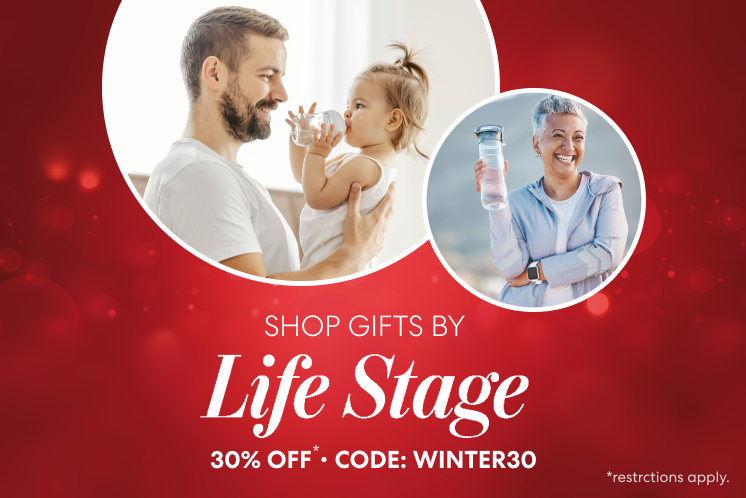 Brio “Shop Gifts by Life Stage” holiday graphic offering 30% off with code WINTER30, featuring a father holding a toddler drinking water and a smiling woman holding a reusable water bottle on a red festive background.
