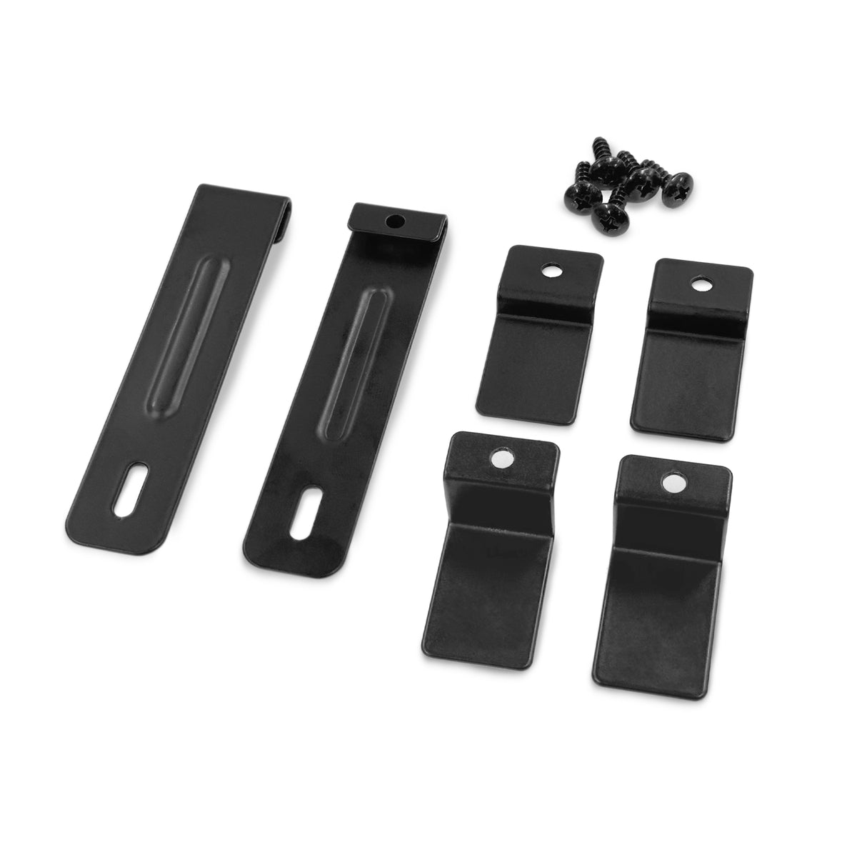 The Riser ACWC3457 Assembly Accessories Kit includes two long black brackets, four smaller angled brackets with holes, and a set of black screws, all arranged on a white background.
