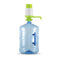 A large blue BPA-free water jug with a built-in handle and the Manual Water Bottle Pump - Green & White attached on top, featuring a spout for easy water dispensing.