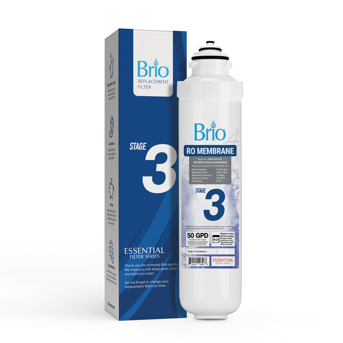 A Stage 3 RO Membrane Filter - CLPOURO420SCV2 stands upright beside its branded white and blue box, both featuring product labels and text that emphasize the filter’s advanced purification performance.