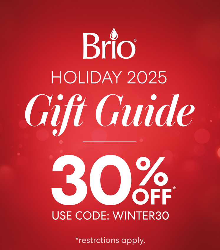 Brio Holiday 2025 Gift Guide promotional graphic showing 30% off with code WINTER30 on a festive red background.
