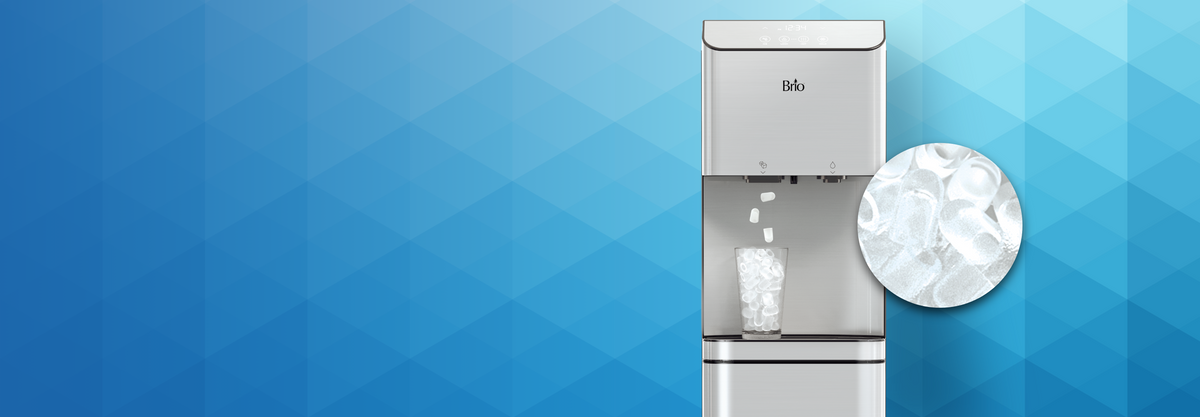A stainless steel Brio Moderna + Ice water dispenser drops bullet-shaped ice cubes into a clear glass, set against a blue geometric background. A circular close-up beside it shows the ice cubes in detail.