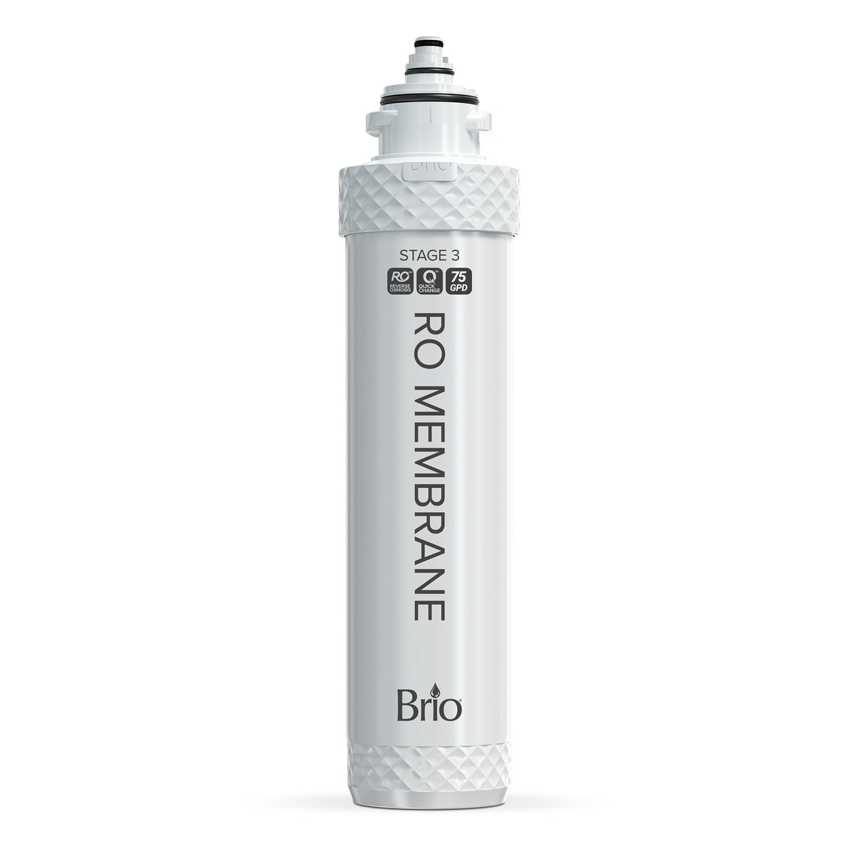 The Stage 3 RO Membrane for 4-Stage Reverse Osmosis Dispensers is a white cylindrical filter labeled STAGE 3, featuring icons for RO, 9 months, and 75 GPD. Textured ends and a top nozzle ensure efficient TDS reduction.
