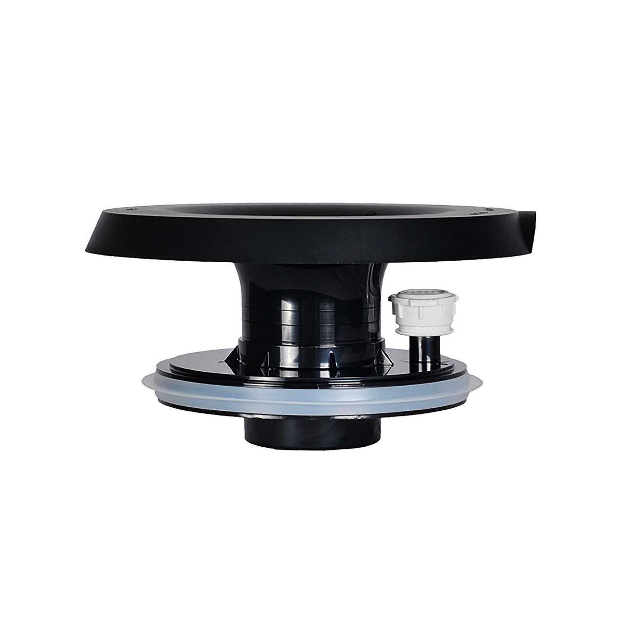 The No-Spill System Black (SKU: NSCBP520) is a black BPA-free plastic floor drain assembly with a wide circular flange, central pipe, and a white side-mounted attachment, shown against a white background.