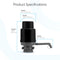 Side view of the Manual Water Bottle Pump - Grey & Black (BPA-free), fits 3- & 5-gallon bottles. Dimensions: height 9.25 in (23.5 cm), top width 3.25 in (8.25 cm), body width 4.5 in (11.43 cm), spout width 5 in (12.7 cm).