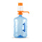 The Manual Water Bottle Pump - Orange & White is attached to a large BPA-free transparent blue water jug (for 3- and 5-gallon bottles), featuring a built-in handle, shown against a plain white background.