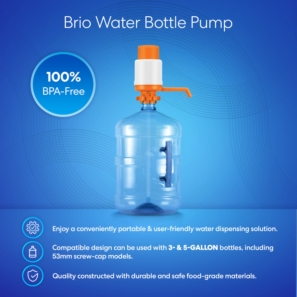 A Manual Water Bottle Pump in orange & white, BPA-free, attaches to large jugs on a blue background. Text highlights its portable design, fits 3- and 5-gallon bottles, and is made from safe food-grade materials.