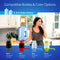 A woman drinks water in her kitchen beside a Manual Water Bottle Pump in orange & white, compatible with 3- and 5-gallon bottles. Four color options—black, red, blue, and green—are also available.