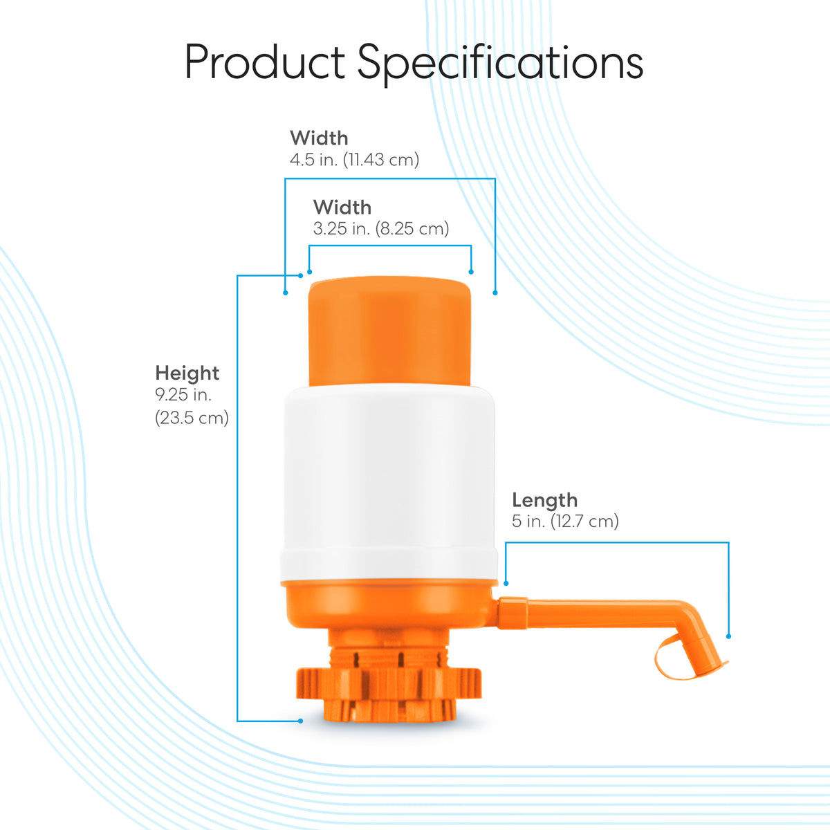 Image displays the Manual Water Bottle Pump - Orange & White (BPA-free) with labeled dimensions: height 9.25 in, top width 3.25 in, bottom width 4.5 in, spout length 5 in; fits standard 3- and 5-gallon bottles.